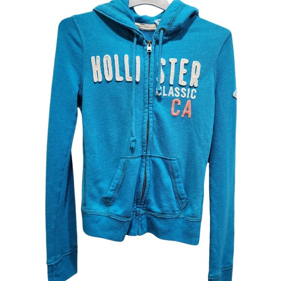 Hollister Women's Size S Blue Logo Graphic Full Zip Hoodie Pockets - Picture 1 of 14